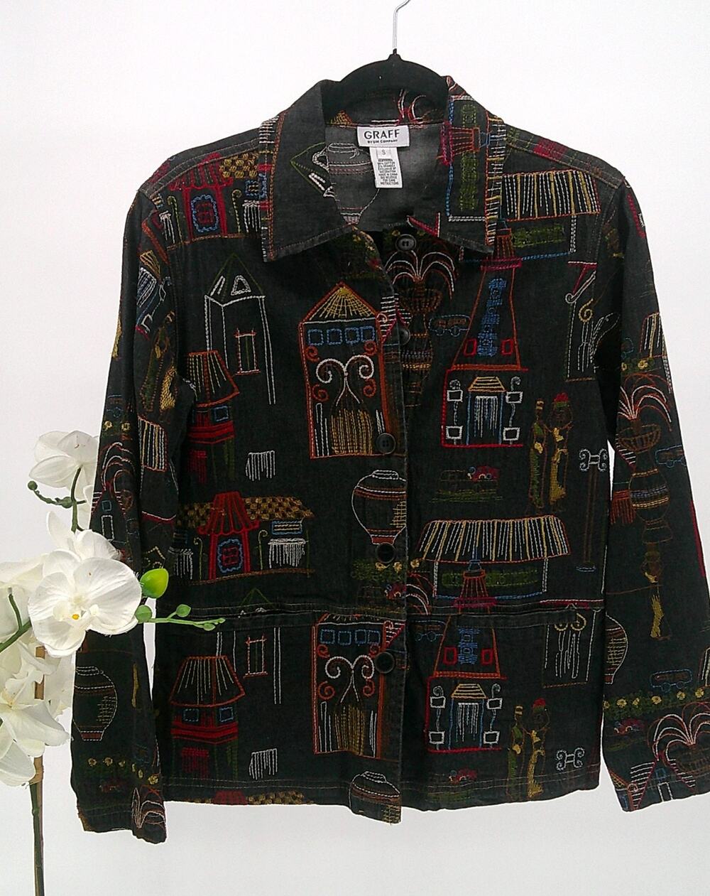 Graff By Um Company Womens Embroidered Festive Colorful Button Up Jacket Size S